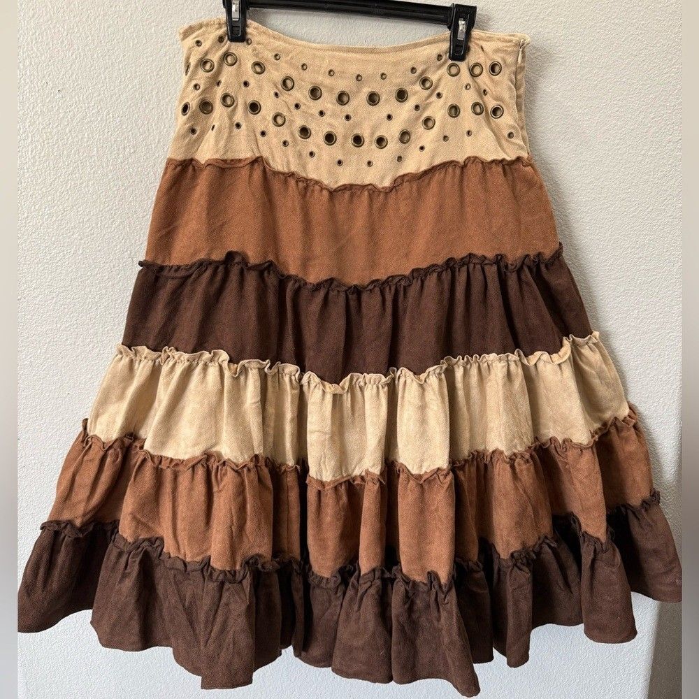 Lulumari Boho Tiered Midi Skirt L Brown Cream Grommet Y2K Western - Picture 2 of 9